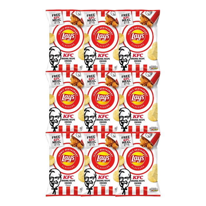 Nine 150g bags of Lay's KFC Chicken Crisps in branded packaging showing Lay's and KFC logos — 9-pack family-size chicken-flavored potato crisps