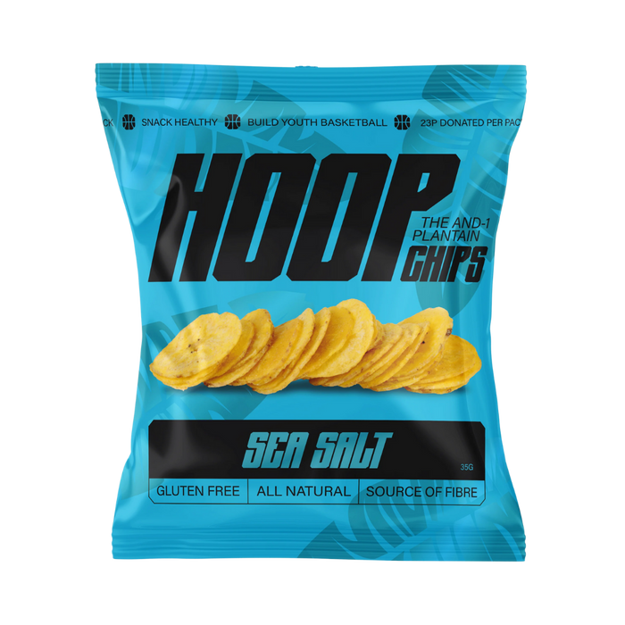 Multipack of eight 35g HOOP CHIPS Sea Salt Plantain Chips — sealed packs with one open bag displaying crisp golden plantain chips sprinkled with sea salt.