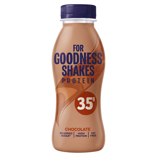 Pack of eight 330ml For Goodness Shakes Chocolate — eight chocolate-flavored shake bottles with visible For Goodness Shakes logo and packaging, arranged together