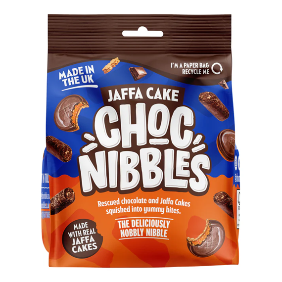 Multipack of Chocolate Nibbles Jaffa Cake — twelve 135g packs stacked together in branded packaging, chocolate-coated Jaffa-style sponge cakes with orange jelly centre, snack multipack for sharing or retail