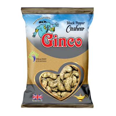 Pack of 10 Ginco Black Pepper Cashews, 55g each — sealed snack pouches with Ginco logo and black-pepper-coated cashew nuts pictured.