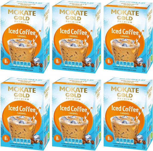 Six-pack of Mokate Gold Premium Caramel Iced Coffee (6 × 120g) — gold-labeled jars showing caramel swirl, instant iced coffee multipack.