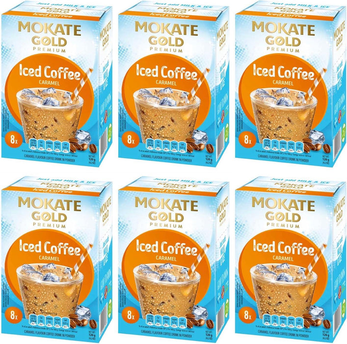 Six-pack of Mokate Gold Premium Caramel Iced Coffee (6 × 120g) — gold-labeled jars showing caramel swirl, instant iced coffee multipack.