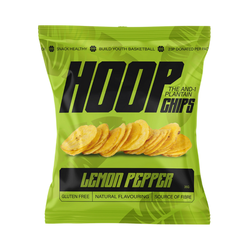 Close-up of a HOOP CHIPS Lemon Pepper 35g pack with spilled golden plantain chips, bold lemon pepper label and packaging; sold as an 8-count bundle