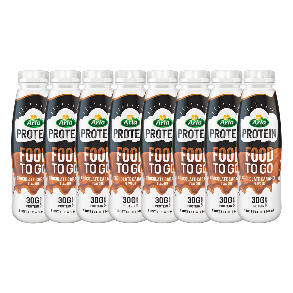 A bottle of Arla Protein Chocolate Caramel shake, highlighting its high-protein content.