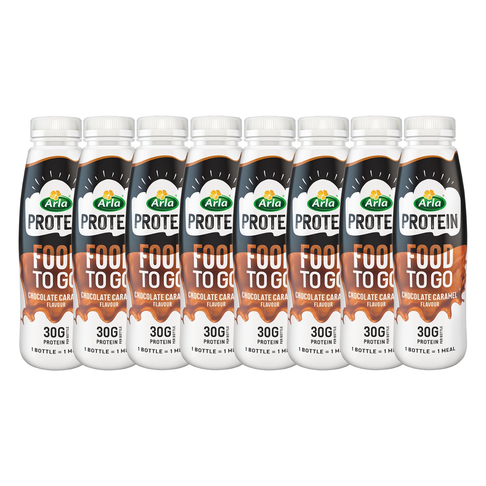 A bottle of Arla Protein Chocolate Caramel shake, highlighting its high-protein content.