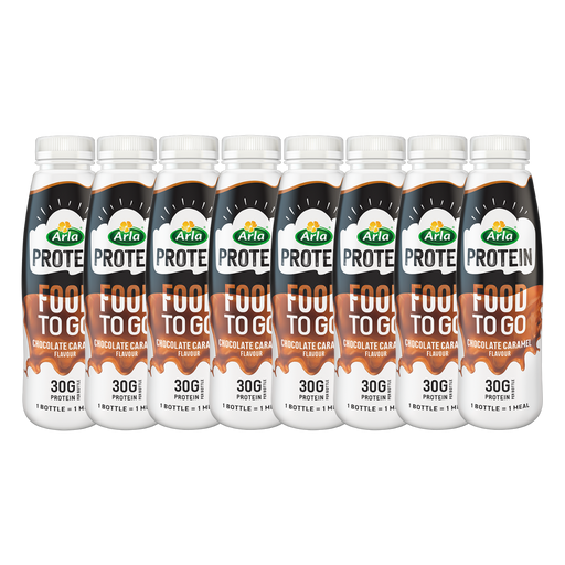 A bottle of Arla Protein Chocolate Caramel shake, highlighting its high-protein content.