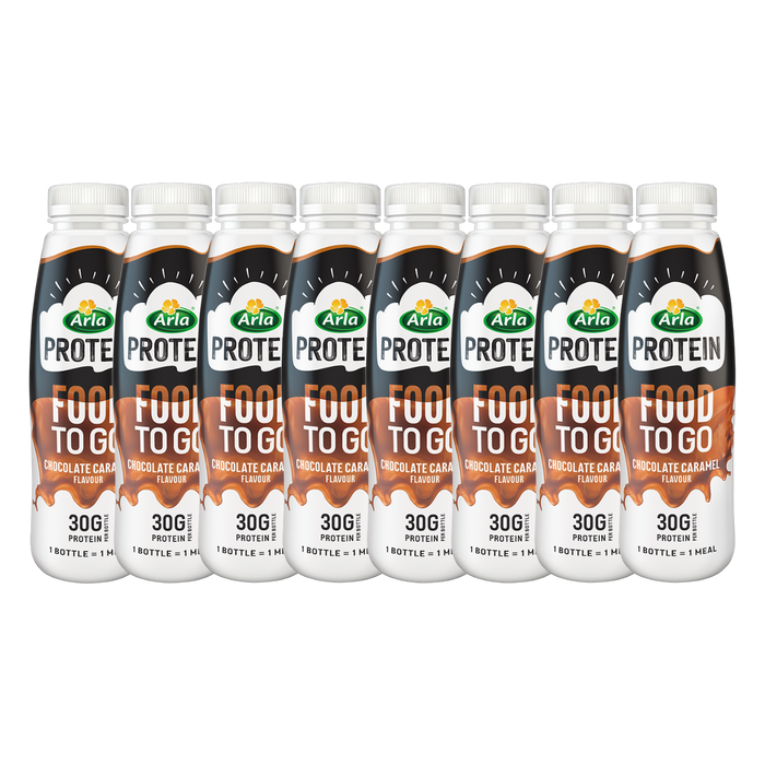A bottle of Arla Protein Chocolate Caramel shake, highlighting its high-protein content.