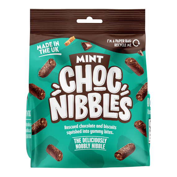 Chocolate Nibbles Mint 135g x12 — twelve sealed 135g packs of mint-flavored bite-size chocolate nibbles with branded retail labels