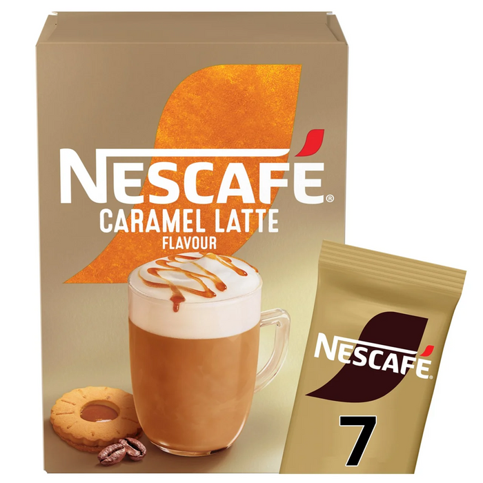 Prepared Nescafé Caramel Latte in a glass mug with frothy top
