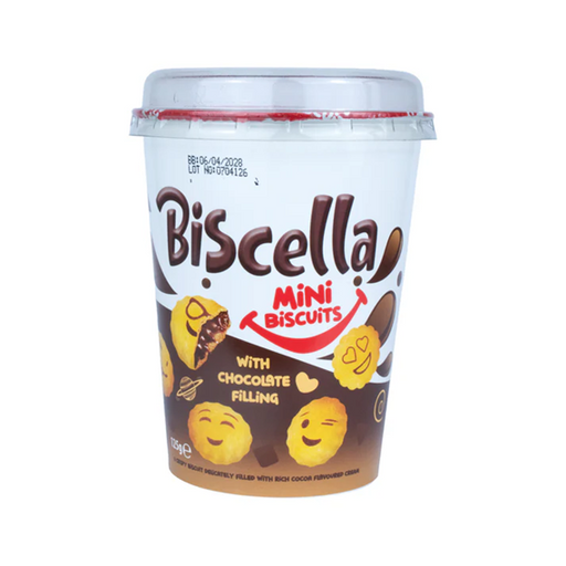 Front-facing 125g tub of Biscella Chocolate Mini Biscuits, showing the brand logo and a photo of chocolate-coated mini biscuits on the label