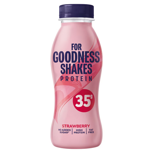 Pack of eight 330ml For Goodness Shakes Strawberry bottles — carton of strawberry-flavored milkshake drinks with strawberry images on the labels