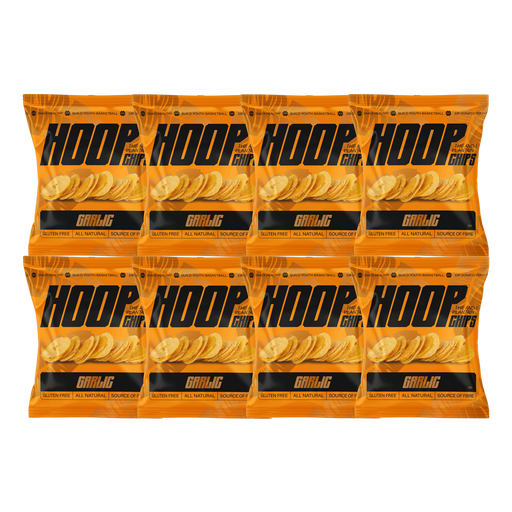 Front view of HOOP CHIPS Chilli Garlic Plantain Chips 35g x 8 multipack box showing the brand name and Chilli Garlic flavor on the packaging