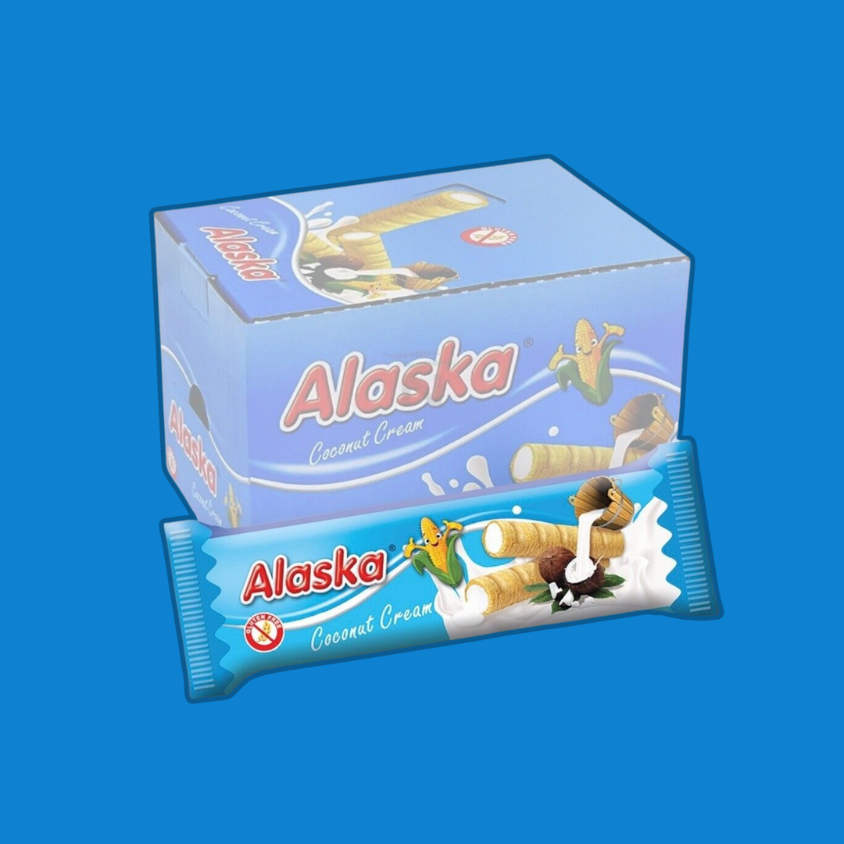 Pack of 48 Alaska Coconut Cream Filled Corn Wafer showcasing the packaging.