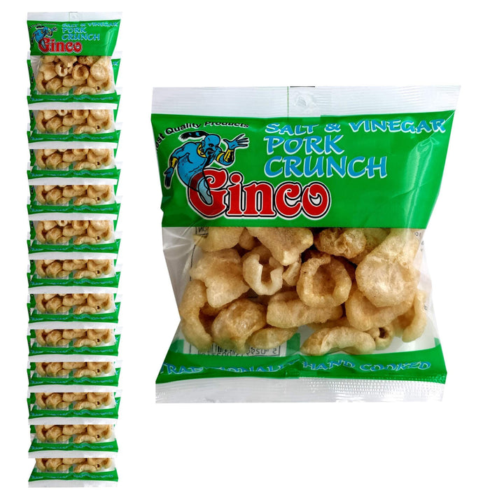 Ginco Salt & Vinegar Pork Crunch 12-pack — front packaging with Ginco logo, Salt & Vinegar label and image of crispy pork cracklings