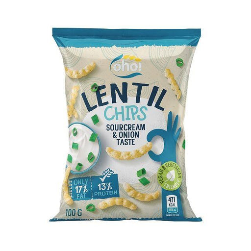Five-pack of Oho Lentil Crisps Sour Cream & Onion (5 x 100g), green-and-white bags fanned out with close-up of round golden lentil crisps and Oho logo