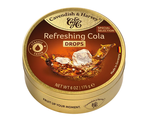 Cavendish & Harvey hard candy drops ‘Refreshing Cola’ flavor, 175g — product packaging and label shown with brown cola-flavored candies visible.