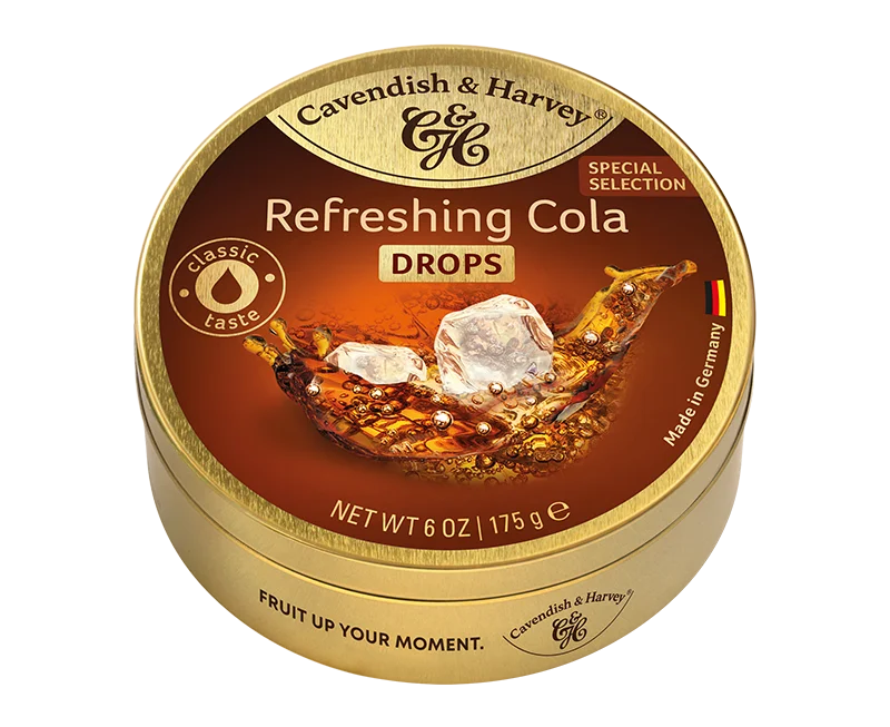 Cavendish & Harvey hard candy drops ‘Refreshing Cola’ flavor, 175g — product packaging and label shown with brown cola-flavored candies visible.
