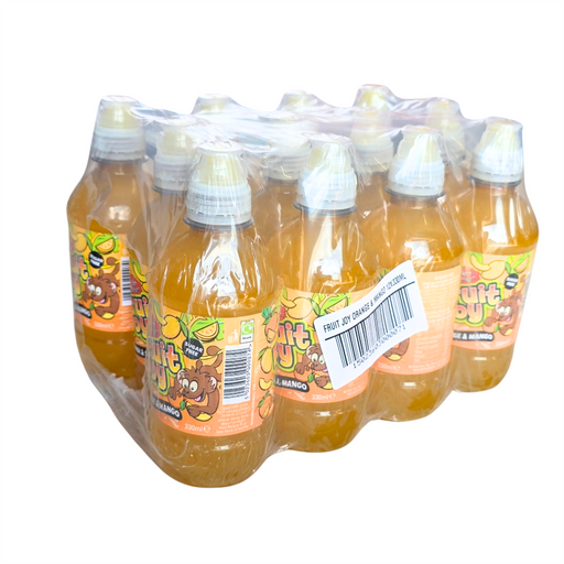 Front-facing pack of twelve 330ml Fruit Joy Orange & Mango still juices — sugar-free, orange-and-mango flavored beverages in a 12-pack.