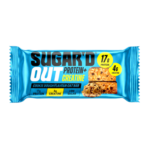 Front-facing box and individually wrapped bar of Sugar'D Out Cookie Dough Protein + Creatine Oat Bars, pack of 12 (12 x 68g), showing the product name and cookie dough flavor on the packaging and highlighting protein and added creatine in an oat-based snack bar.