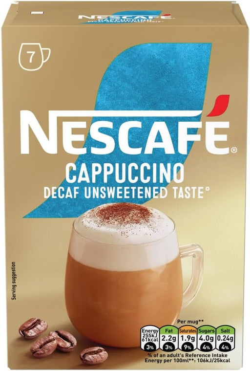 Nescafé Cappuccino Decaf Unsweetened coffee box with sachets