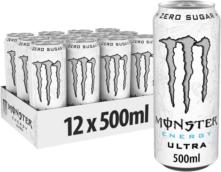 Front-facing 12-pack of Monster Energy Ultra White 500ml cans — white and silver energy drink cans with lime‑green claw logo and 'Ultra' branding visible in a cardboard carton