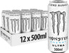 Front-facing 12-pack of Monster Energy Ultra White 500ml cans — white and silver energy drink cans with lime‑green claw logo and 'Ultra' branding visible in a cardboard carton