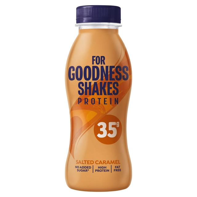 Pack of eight 330ml For Goodness Shakes Salted Caramel bottles — ready-to-drink creamy salted caramel milkshakes clearly labeled with brand logo and flavor, shown as an 8-pack.