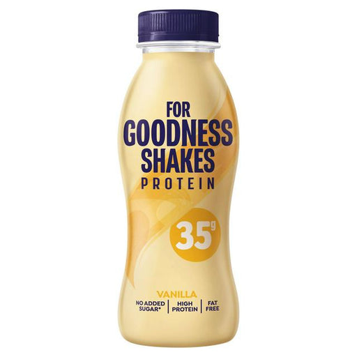 Pack of 8 For Goodness Shakes Vanilla 330ml cartons — front view showing the brand name, 'Vanilla' flavor label and 330ml size.