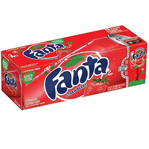 Box and twelve 355 ml Fanta Strawberry WARCRAFT cans — bright red strawberry-flavored packaging with WARCRAFT logo and strawberry graphics