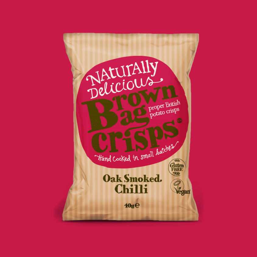 Close-up of Brown Bag Crisps Oak Smoked Chilli British Potato Crisps