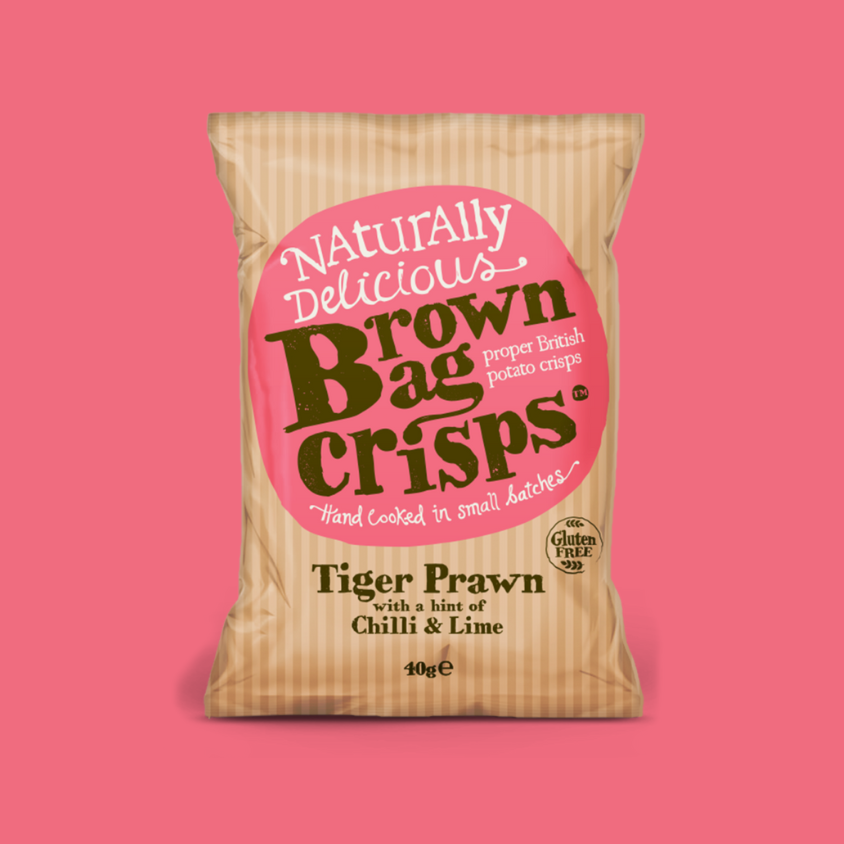 Close-up of Brown Bag Crisps Tiger Prawn Chili & Lime crisps