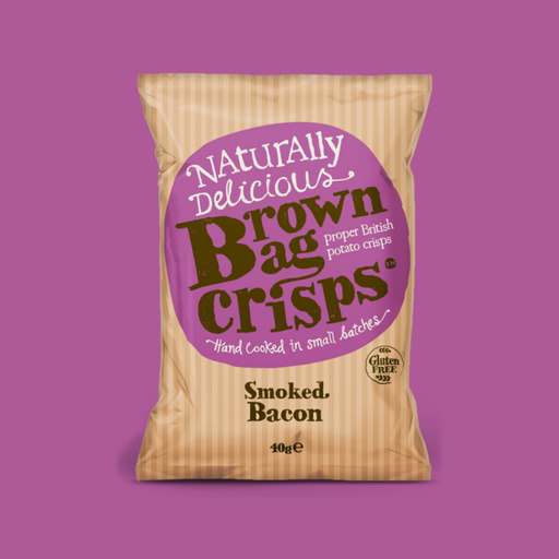 Close-up of Brown Bag Crisps Smoked Bacon British Potato Crisps