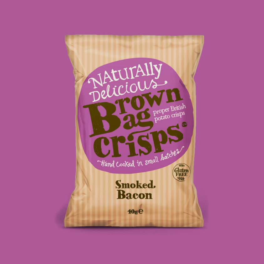 Close-up of Brown Bag Crisps Smoked Bacon British Potato Crisps