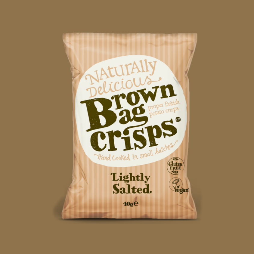 Close-up of Brown Bag Crisps Lightly Salted British Potato Crisps