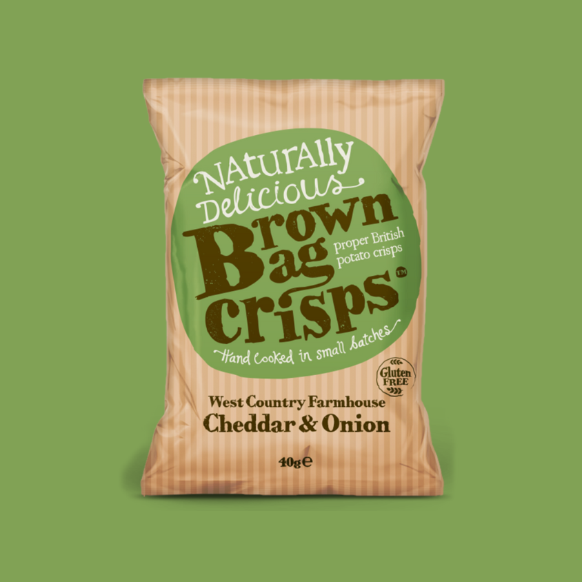 Close-up of Brown Bag Crisps West Country Farmhouse Cheddar and Onion crisps