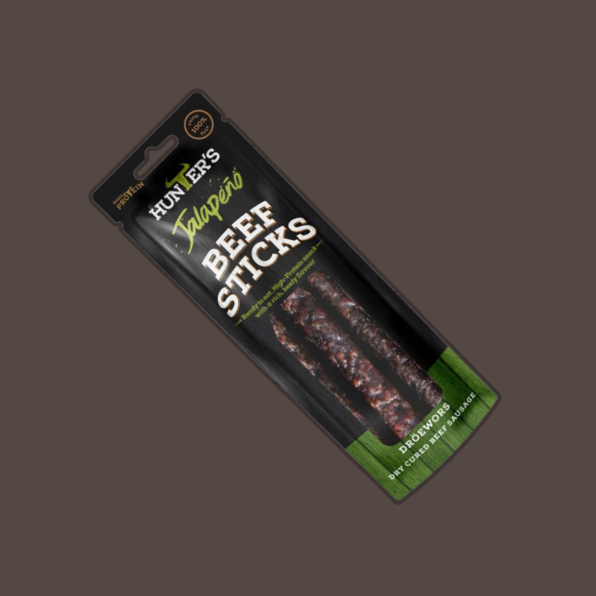 Open package of Hunters Jalapeño Beef Sticks showcasing the individual wrapping.