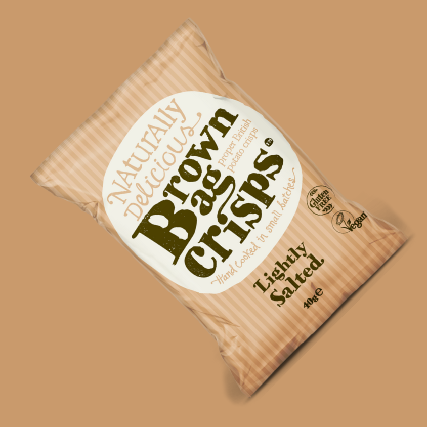 Stack of Brown Bag Crisps Lightly Salted British Potato Crisps