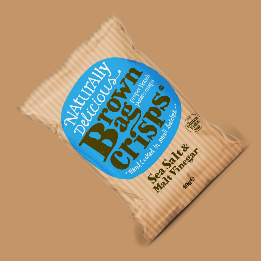 Close-up of Brown Bag Crisps Sea Salt and Malt Vinegar British Potato Crisps