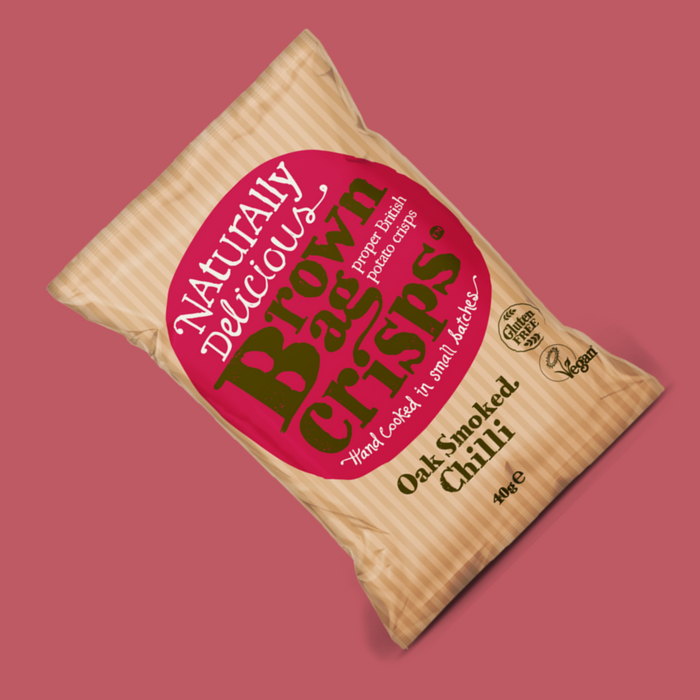 Stack of Brown Bag Crisps Oak Smoked Chilli British Potato Crisps