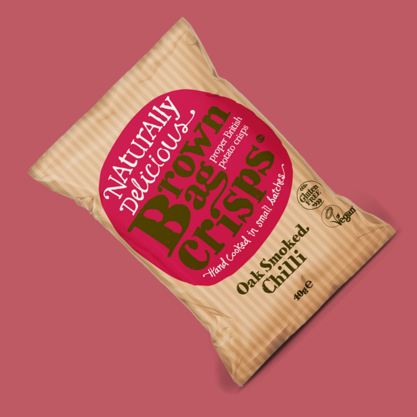 Stack of Brown Bag Crisps Oak Smoked Chilli British Potato Crisps