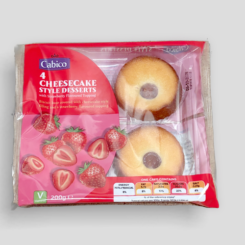 Cabico Strawberry Cheesecake Dessert 200g — single-serve packaged cheesecake with creamy filling, buttery crumb base and glossy strawberry topping, labeled Cabico