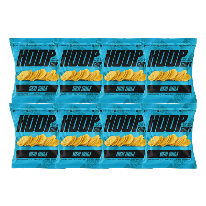 Single 35g HOOP CHIPS Sea Salt Plantain Chips bag — front-facing pack showing brand logo, 'Sea Salt' flavor label and image of golden plantain chips.