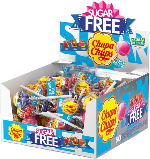 Close-up of a Chupa Chups Sugar Free 50-piece pack — 50 individually wrapped sugar-free lollipops in assorted colorful flavors
