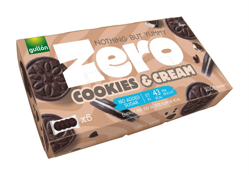 Gullon ZERO Cookies and Cream — No Added Sugar biscuits, multipack of three 210g packs featuring cookies-and-cream sandwich biscuits
