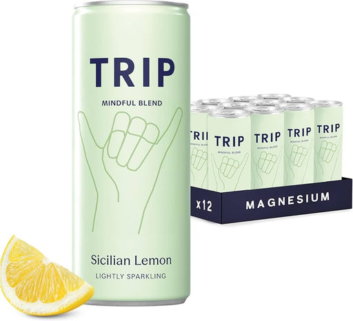 Front-facing pack shot of TRIP Mind Sicilian Lemon 12 x 250ml — twelve 250ml cans in a bright yellow lemon-themed 12-pack showing the TRIP Mind logo and lemon slice graphics.