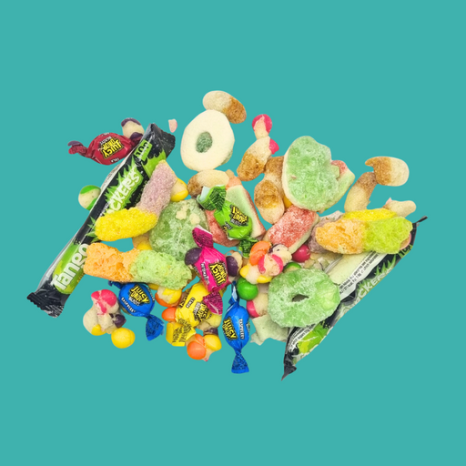 Close-up of Freeze Dried Fizzy & Sour sweets showing their crispy texture