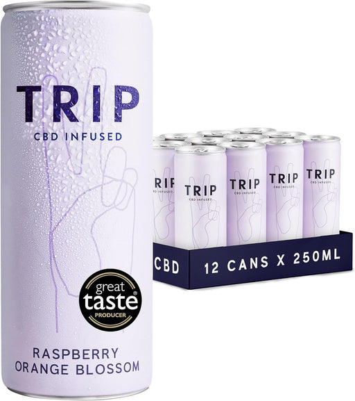 Pack of 12 Trip MindFul Blends Raspberry and Orange Blossom 250ml bottles — front view showing branded labels and the flavor name