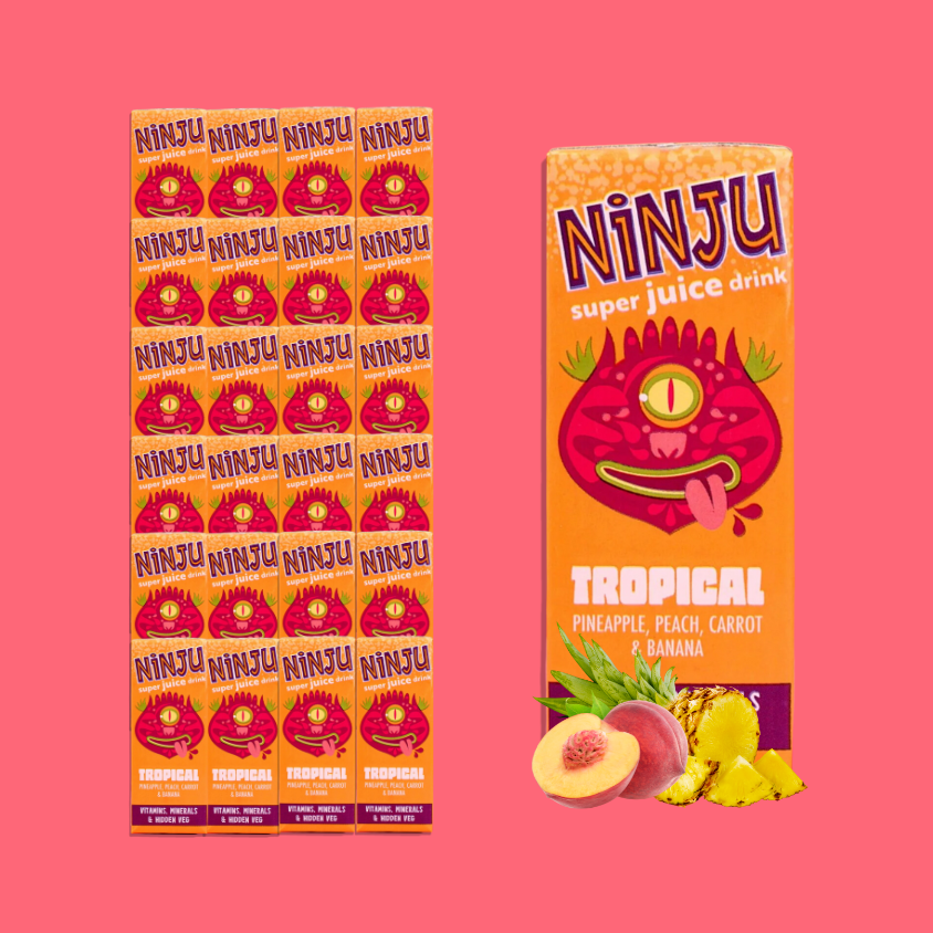 Close-up of Ninju Tropical Super Juice with fruits and vegetables