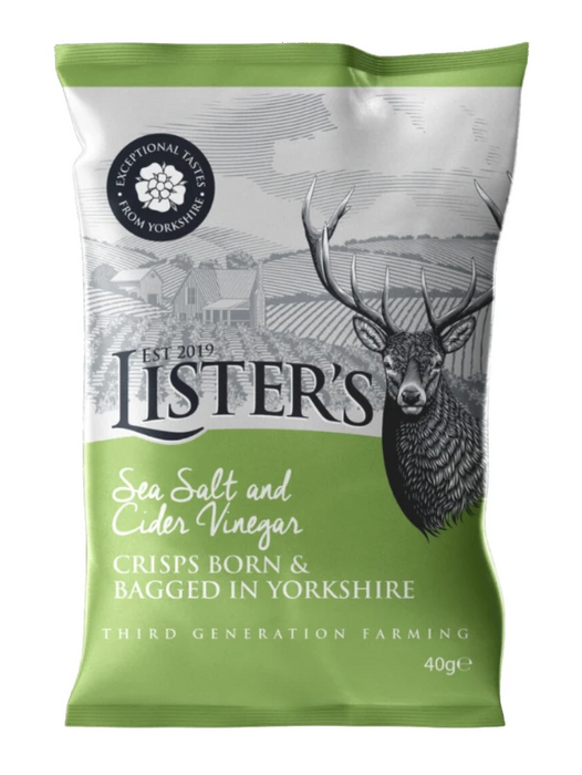 Pack of 12 Listers Crisps Sea Salt and Vinegar 40g bags in a retail carton, front-facing branded packaging showing the Listers logo and Sea Salt and Vinegar flavor label